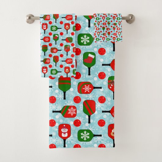 Kerstmis Pickleball Red Green Snowflakes Blue Bad Handdoek (Insitu)