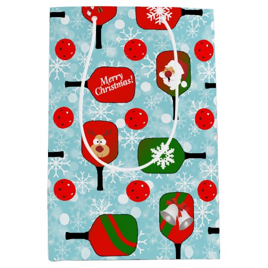 Kerstmis Pickleball Red Green Snowflakes Blue Medium Cadeauzakje (Voorkant)