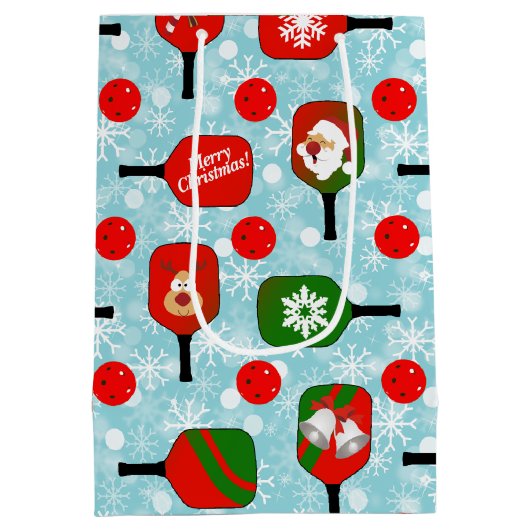 Kerstmis Pickleball Red Green Snowflakes Blue Medium Cadeauzakje (Achterkant)