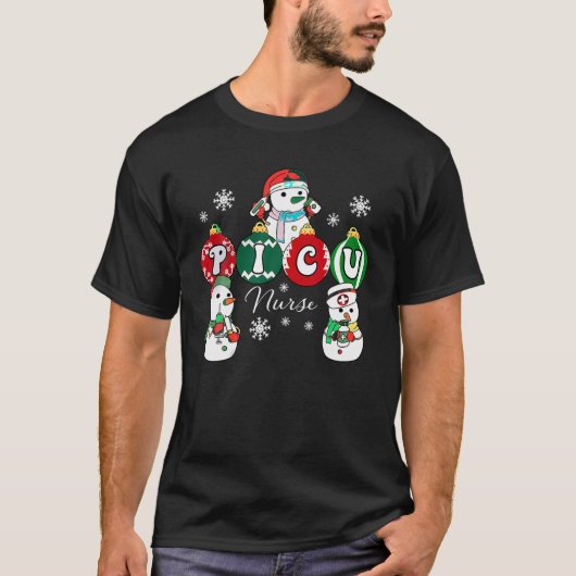 Kerstmis PICU Verpleegster Snowman Pediatrische IC T-shirt (Voorkant)