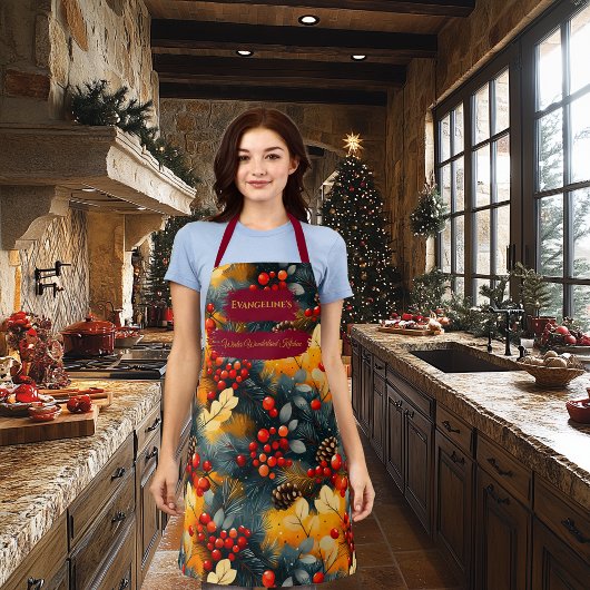 Kerstmis - Pijnboomtakken, rode bessen, pinecones Schort