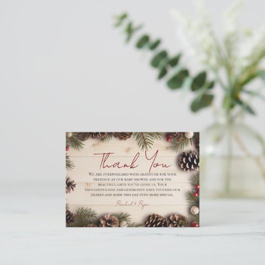 Kerstmis Pinecone Bessen Hout Dank u Informatiekaartje (Staand voorkant)
