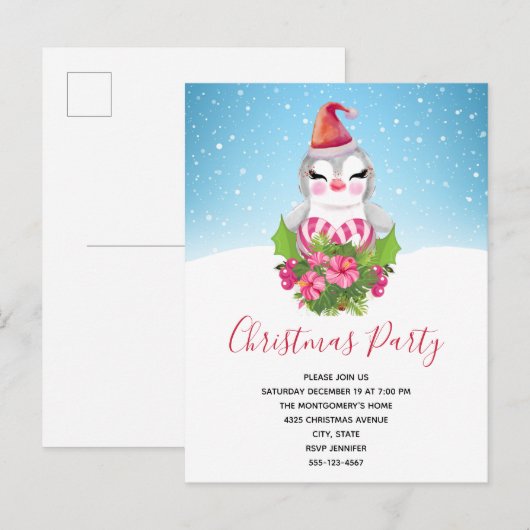 Kerstmis-pinguïn in Santa Hat Xmas Party Uitnodiging Briefkaart (Voorkant / Achterkant)