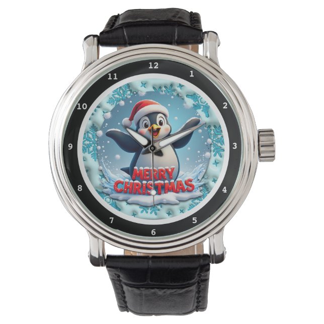 Kerstmis Pinguïn met Kerstman Hoed  Horloge (Voorkant)