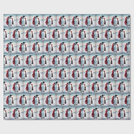 Kerstmis pinguïn met rode jas cadeaupapier (Vlak)