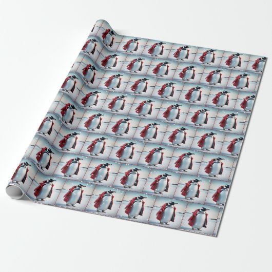Kerstmis pinguïn met rode jas cadeaupapier (Uitgerold)