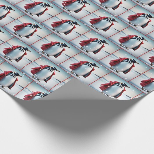 Kerstmis pinguïn met rode jas cadeaupapier (Hoek)