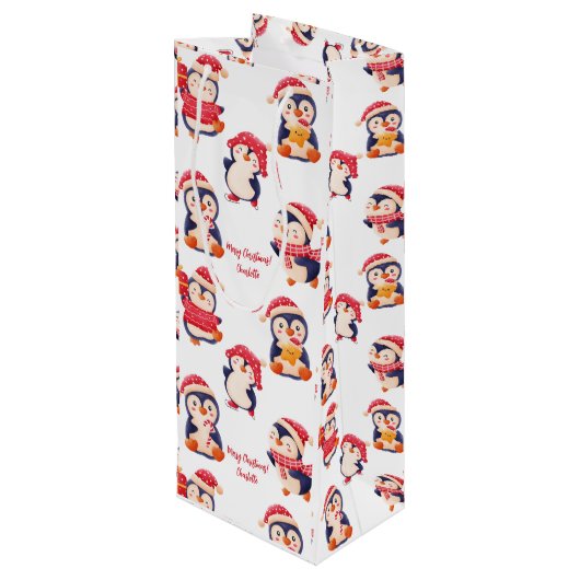 Kerstmis Pinguïn naam Wijn Cadeautas (Achterkant Gekanteld)