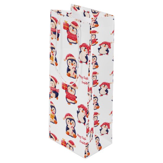 Kerstmis Pinguïn naam Wijn Cadeautas (Voorkant Gekanteld)