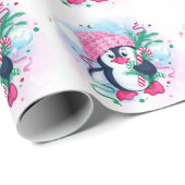 Kerstmis Pinguin Roze Pet Waterverf Cadeaupapier (Rol Hoek)