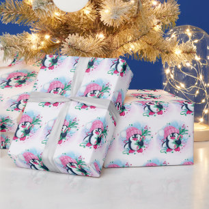 Kerstmis Pinguin Roze Pet Waterverf Cadeaupapier
