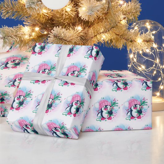 Kerstmis Pinguin Roze Pet Waterverf Cadeaupapier (Feestdagen)