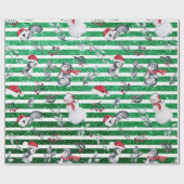 Kerstmis Pinguin Snowman Green Glitter Stripes Cadeaupapier (Vlak)