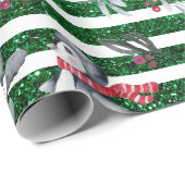 Kerstmis Pinguin Snowman Green Glitter Stripes Cadeaupapier (Rol Hoek)