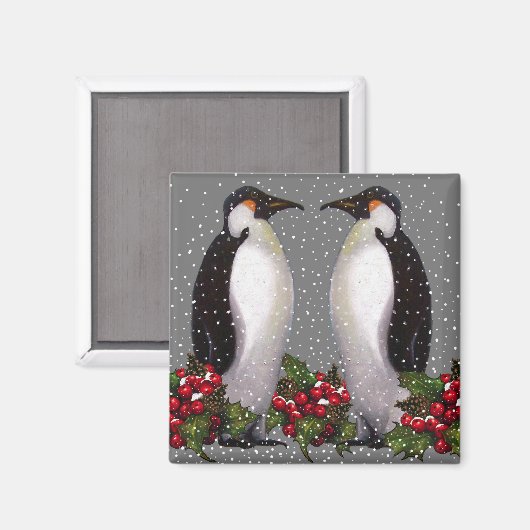 Kerstmis Pinguïns in Sneeuw, Holly: Kunst Magneet (Voorkant / Achterkant)