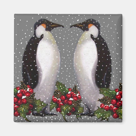 Kerstmis Pinguïns in Sneeuw, Holly: Kunst Magneet (Voorkant)