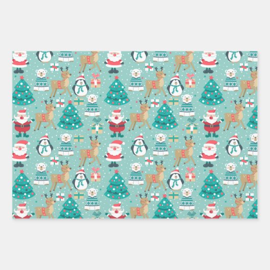 Kerstmis Pinguïns, Sneeuwmannen, Kerstman op Groen Inpakpapier Vel (Voorkant 2)