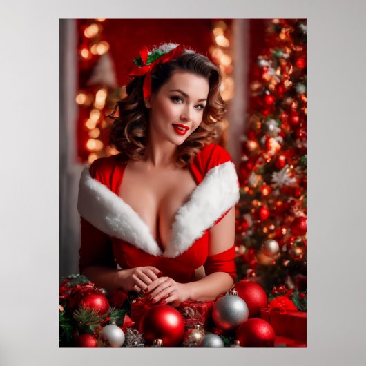 Kerstmis Pinup Santa Claus Lady Poster (Voorkant)