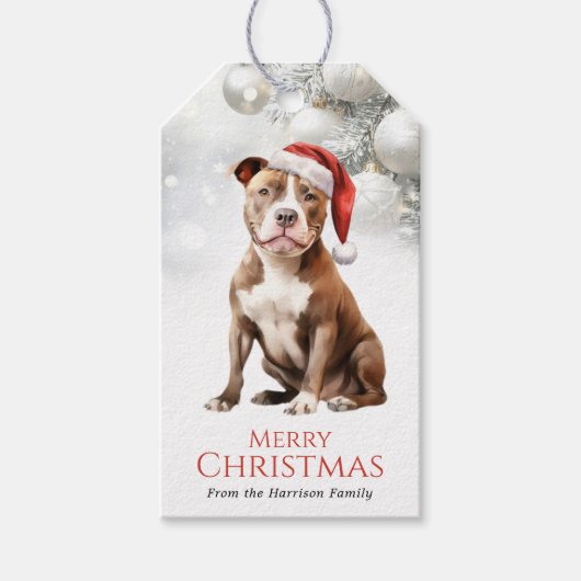 Kerstmis Pit Bull Hond Cadeautags Cadeaulabel (Voorkant)