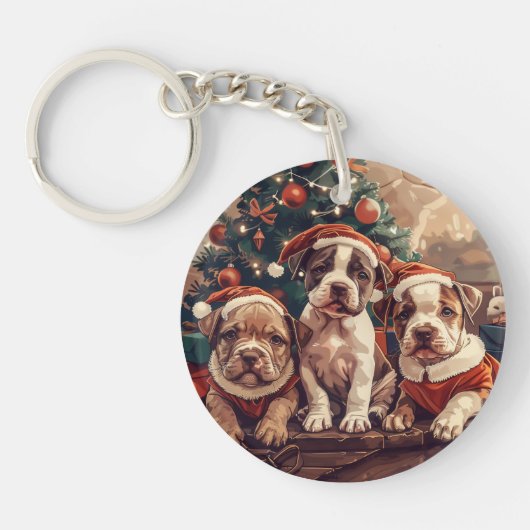 Kerstmis Pit Bull Puppy Honden Sleutelhanger (Voorkant)