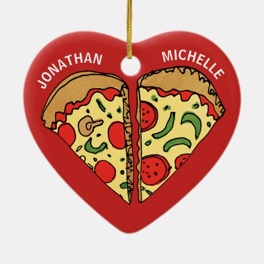 Kerstmis Pizza Funny Couple Monogram Namen Keramisch Ornament (Achterkant)