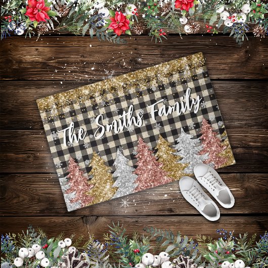Kerstmis Plaid en glitter familienaam Deurmat