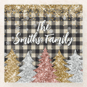 Kerstmis Plaid en glitter familienaam Glazen Onderzetter