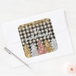 Kerstmis Plaid en glitter familienaam Vierkante Sticker