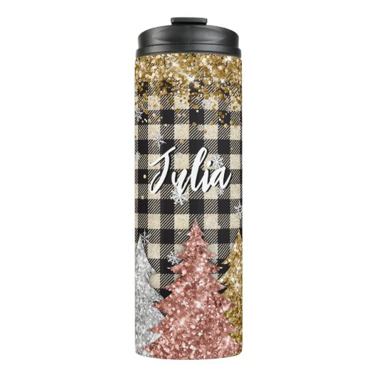 Kerstmis plaid en glitter naam thermosbeker (Voorkant)