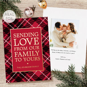 Kerstmis Plaid Familie Foto Rood Luxe Goud Folie Feestdagenkaart