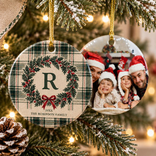 Kerstmis Plaid Monogram Persoonlijke Foto Krans Keramisch Ornament