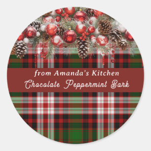 Kerstmis Plaid Rode Ornamenten Pijnboompitten Snee Ronde Sticker