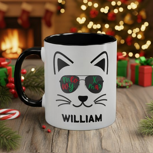 Kerstmis poes kat zonnebril koffiemok mok