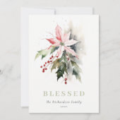 Kerstmis Poinsettia bessen gebladerte gezegend Feestdagenkaart (Voorkant)