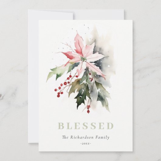 Kerstmis Poinsettia bessen gebladerte gezegend Feestdagenkaart (Voorkant)
