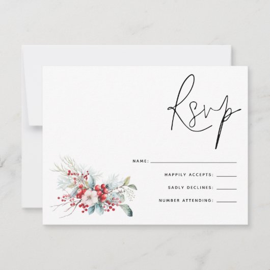 Kerstmis Poinsettia Bessen Script Bruiloft RSVP (Voorkant)