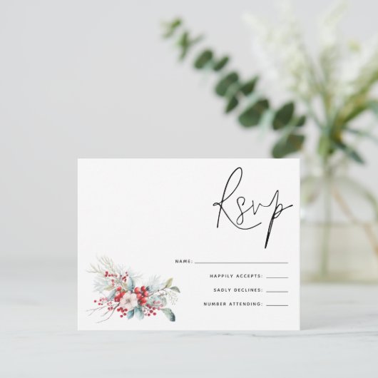 Kerstmis Poinsettia Bessen Script Bruiloft RSVP (Staand voorkant)