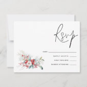 Kerstmis Poinsettia Bessen Script Bruiloft RSVP Kaartje (Voorkant)