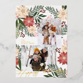 Kerstmis Poinsettia Botanicals Fotocollage Folie Feestdagenkaart (Voorkant)