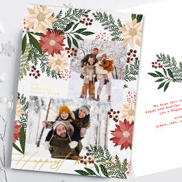 Kerstmis Poinsettia Botanicals Fotocollage Folie Feestdagenkaart