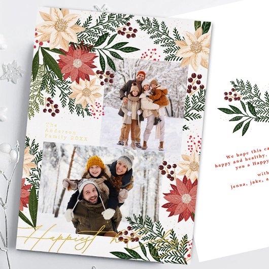 Kerstmis Poinsettia Botanicals Fotocollage Folie Feestdagenkaart