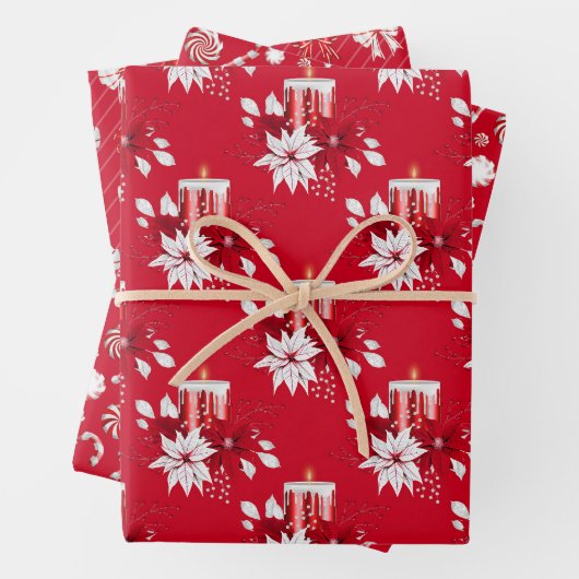 Kerstmis, Poinsettia Bow Candy Cane Candle Red Inpakpapier Vel (In situ)