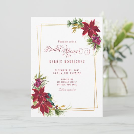 Kerstmis Poinsettia bruids douche uitnodiging (Staand voorkant)