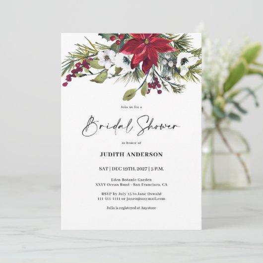 Kerstmis Poinsettia bruids douche uitnodiging (Staand voorkant)