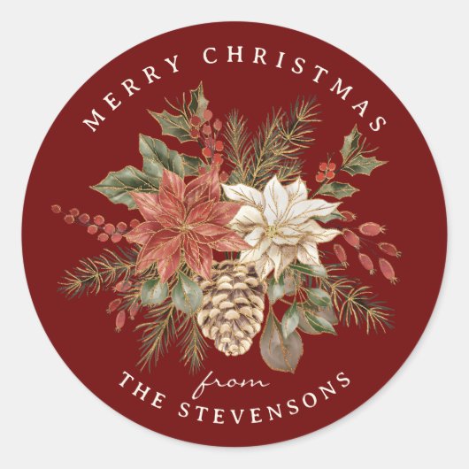 Kerstmis Poinsettia Burgundy Ronde Sticker (Voorkant)