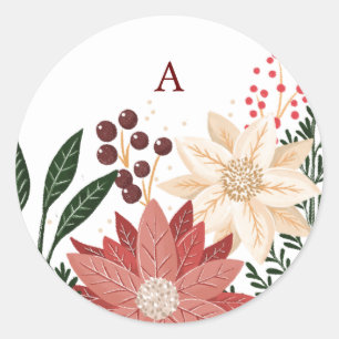 Kerstmis Poinsettia Cadeautags met Monogram Ronde Sticker