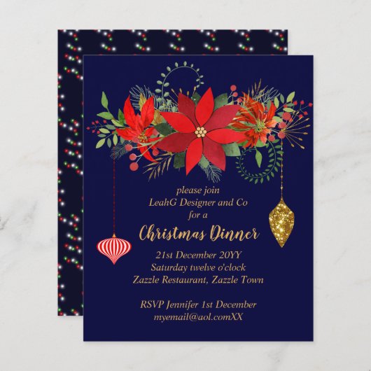 Kerstmis Poinsettia-diner nodigt Red BLUE Gold uit (Voorkant / Achterkant)