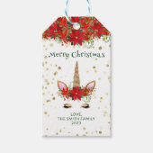 Kerstmis Poinsettia Eenhoorn met Groene Font Party Cadeaulabel (Voorkant)