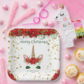 Kerstmis Poinsettia Eenhoorn met Groene Font Party Papieren Bordje (Feest)