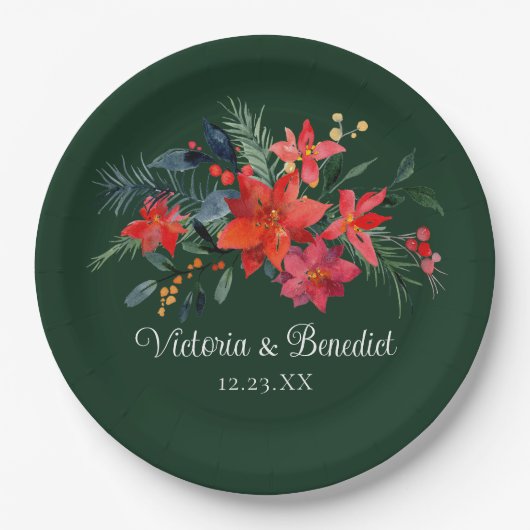 Kerstmis Poinsettia Elegant Floral Green Wedding Papieren Bordje (Voorkant)